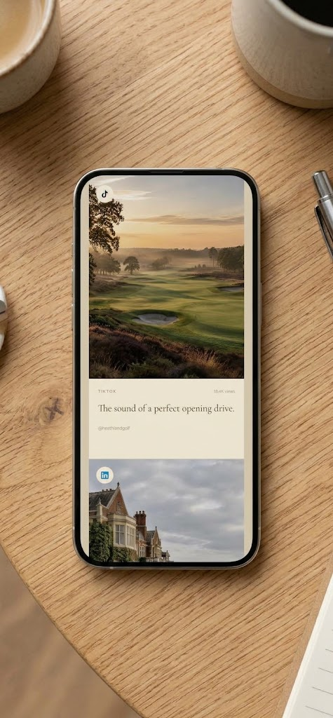 A golf club social feed shown on a phone on a desk