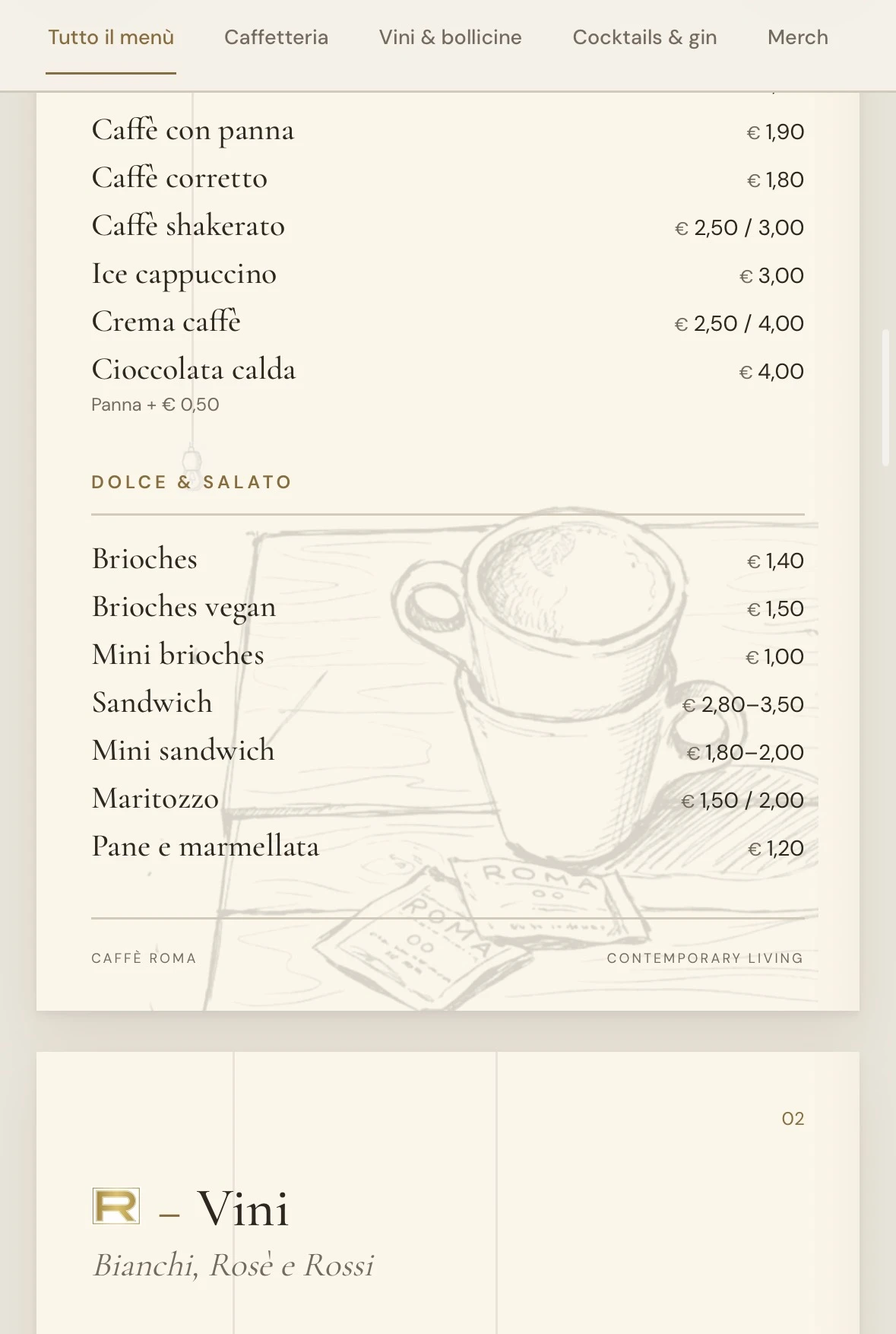 Caffè Roma menu coffee