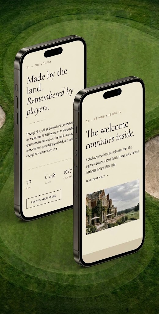 A golf club website shown on two phones over the course